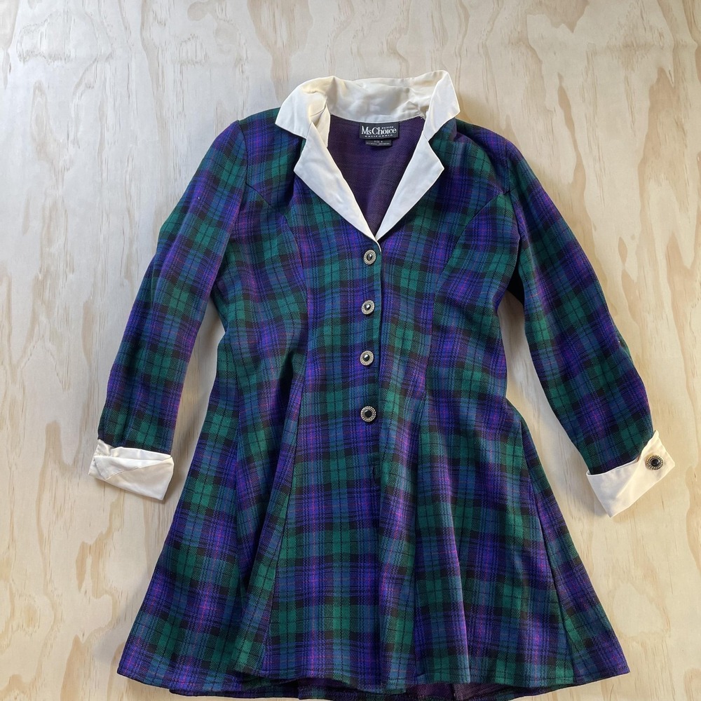 Vintage MsChoice‎ Dress Womens 6 Petite Green Plaid Shirt Fit & Flare 3/4 Sleeve